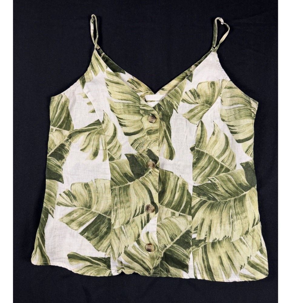 H&M Women's Small Green White Tropical Palm Leaf Linen Button Front Camisole Top